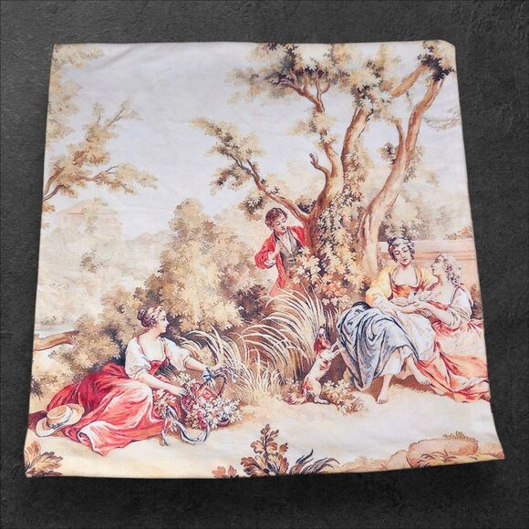 Vintage French Rococo Print Pillow Cover 17" Square Invisible Zipper Romance - Picture 1 of 4
